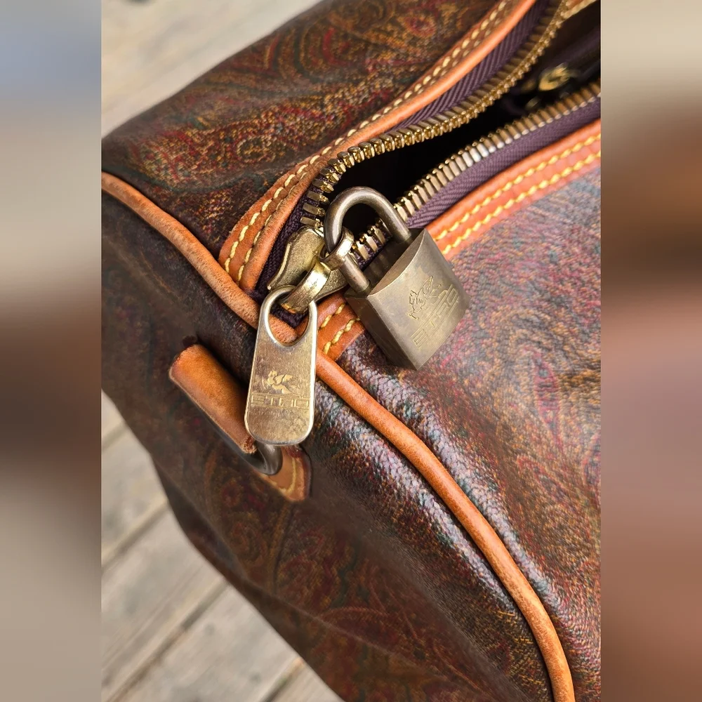 ETRO MILANO Paisley Coated Canvas Vachetta Leather Boston Travel Bag w/ COA